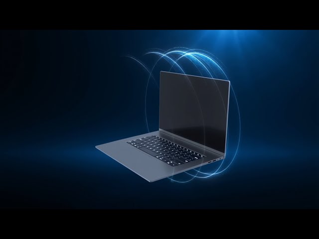 4 (The Shield) 8-second shot. A sleek laptop floats in the center. A shimmering, translucent geometr