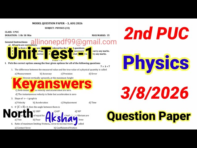 2nd PUC Physics Unit Test 1 Question Paper 2026 with Answers 