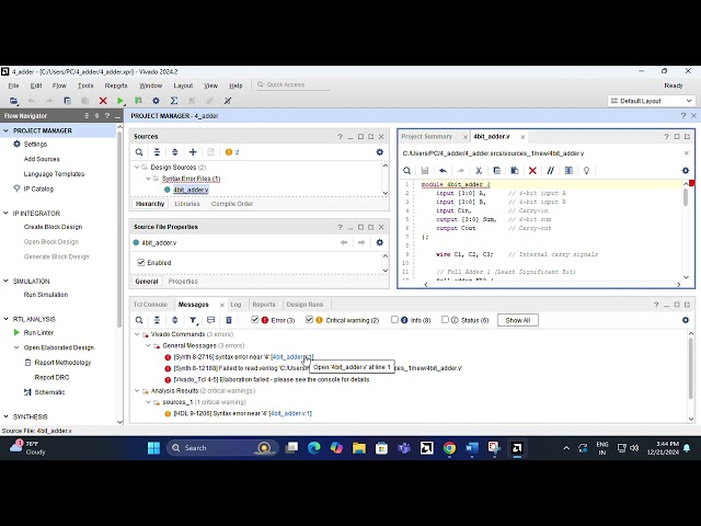 4-BIT PARALLEL ADDER USING VERILOG IN VIVADO