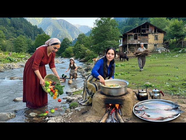 Rural life in Iran: Cooking fish with mushroom sauce and rice