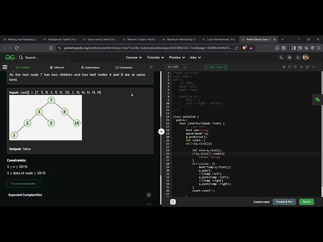 Perfect Binary Tree | GFG Solution in C++ | Check Whether a Binary Tree is Perfect