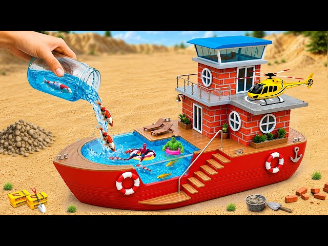 Mini Tractor Builds a Modern Brick Houseboat with a Swimming Pool