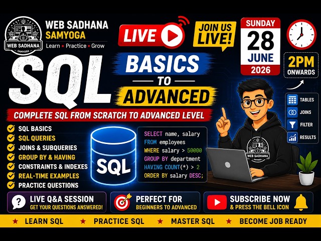 SQL Master Class LIVE 🔴 | SQL Basics to Advanced | Full Stack Development Series