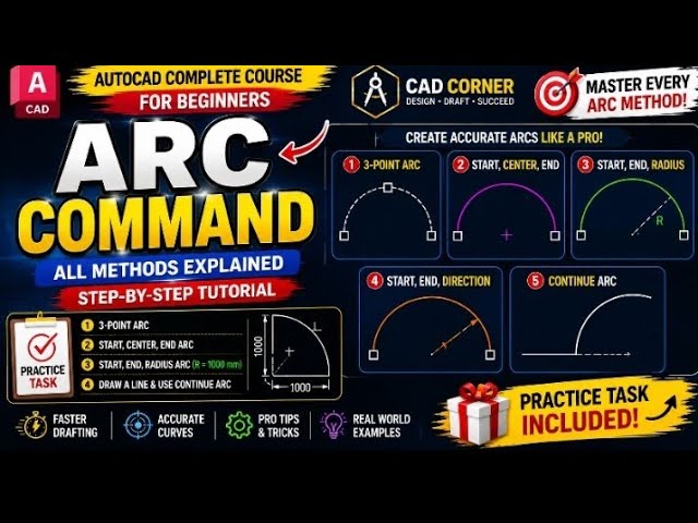 🌙 AutoCAD Arc Command Explained for Beginners | All Arc Methods Explained Step by Step (2026)