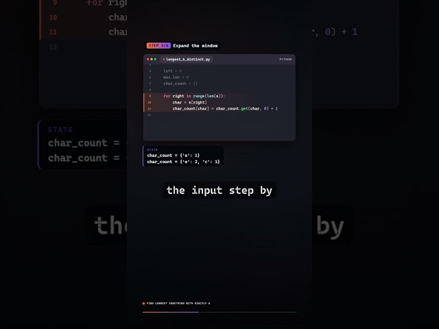 Longest Substring with K Distinct Characters in 10 Lines (Python) #Shorts | Python in 60 Seconds #18