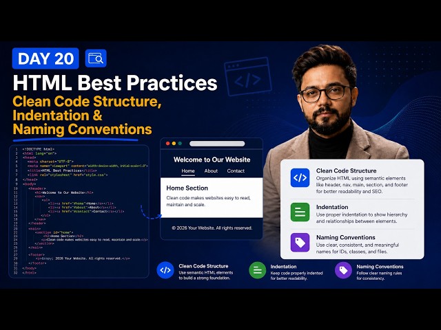 HTML Best Practices Tutorial 2026 🚀 | Day 20 | Clean Code Structure, Indentation & Naming #html2026