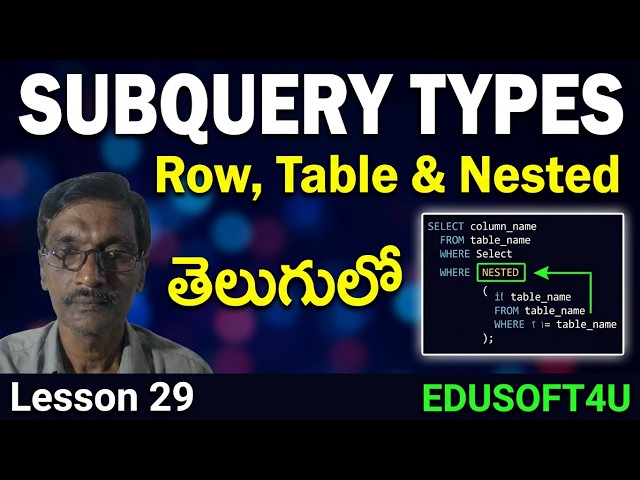 Subquery Types - Row-Table-Nested in PostGreSQL - PostGreSQL Complete course in Telugu-Lesson 29