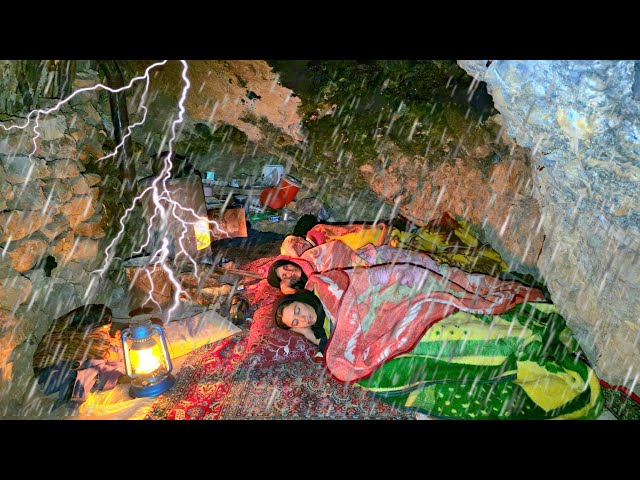 Sleeping in a Cave During a Violent Thunderstorm | Real Nomadic Life in Iran ⛰️🌩️