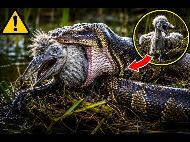 Giant Python Ambushes a Shoebill Nest – Can the Chick Escape Death?