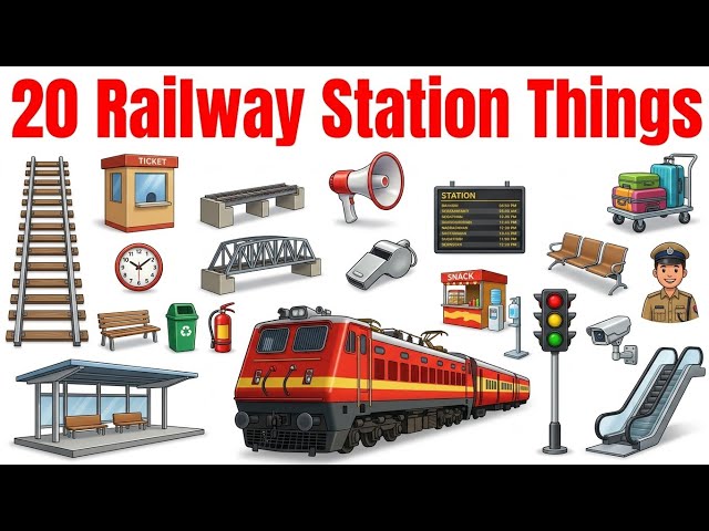 20 Railway Station Things 🚉 | Learn Railway Objects Names for Kids in English Hindi 