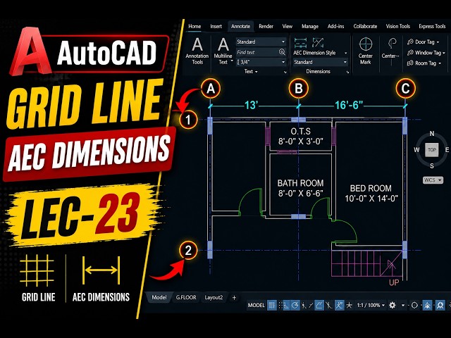 How to AutoCAD Grid Line & AEC Dimensions Tutorial | Building Layout Step by Step