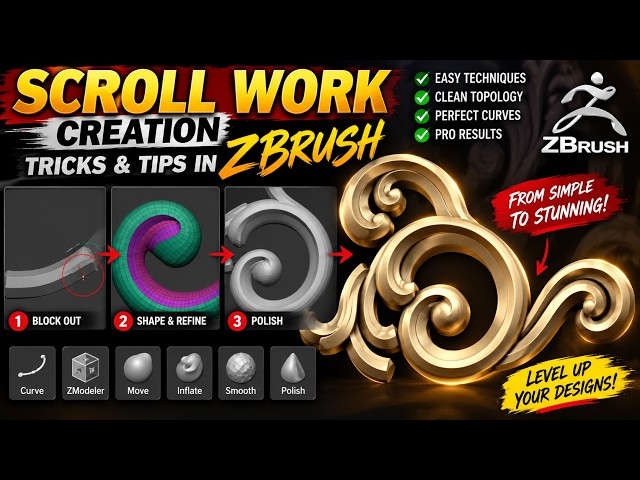 Scroll work creation in zbrush easy scroll work trick in zbrush #zbrush #jewellerydesign