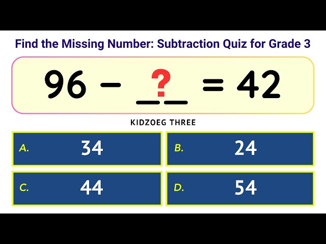 Find the Missing Number: Subtraction Quiz for Grade 3 | 20 Math Questions with Answers | Online Test