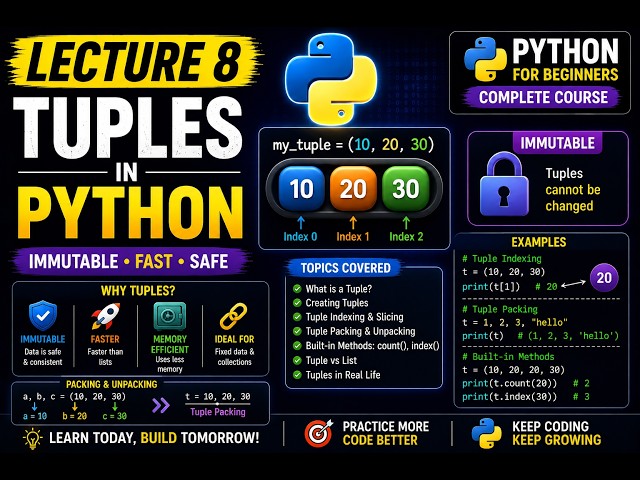 Python Lecture 8 | Tuples in Python | Immutable, Indexing, Packing & Unpacking