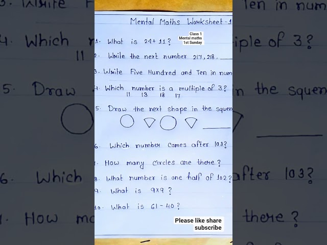 mental maths worksheet for class 1/Class 1 maths worksheet