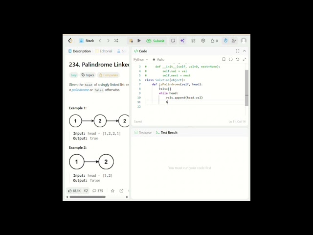 Palindrome Linked List|LeetCode 234|Simple List Approach|Python #coding  #python #programming