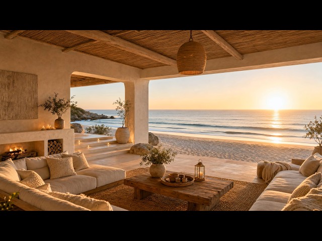 Cozy Beachfront Lounge at Sunrise ☀️ Fireplace & Ocean Waves (3 Hours)