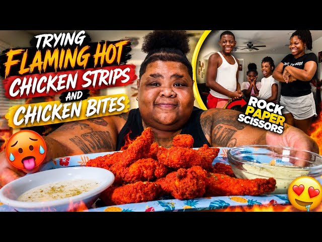 NEW FLAMING HOT CHICKEN STRIPS AND BITES MUKBANG | REVIEW (ROCK PAPER SCISSORS) 🤣
