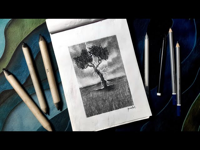 How to Draw Lightning & Stormy Tree with Charcoal | Easy Graphite Drawing Tutorial #HowToDraw #art 