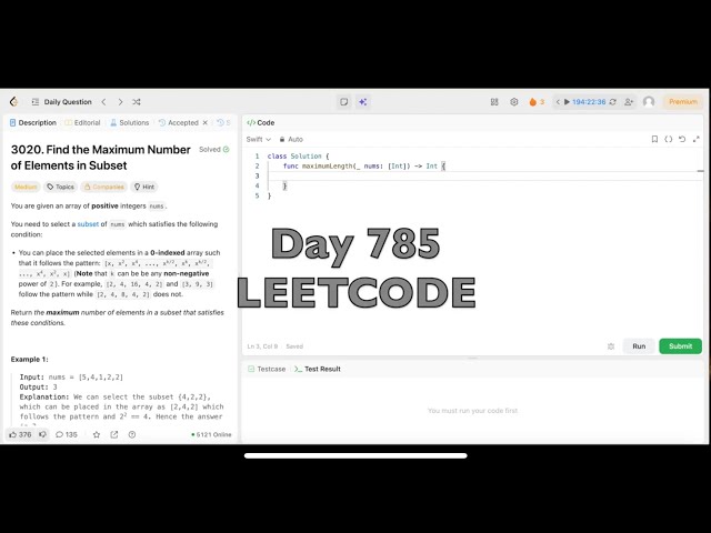 Day 785: LeetCode Problem 3020. Find the Maximum Number of Elements in Subset - Swift