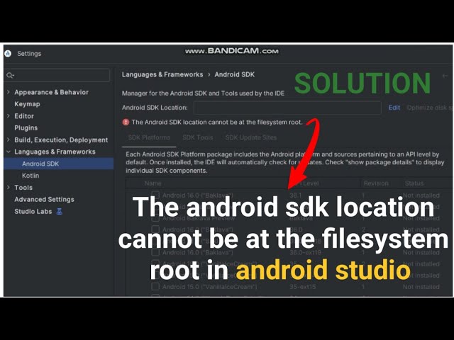 The android sdk location cannot be at the filesystem root in android studio 
