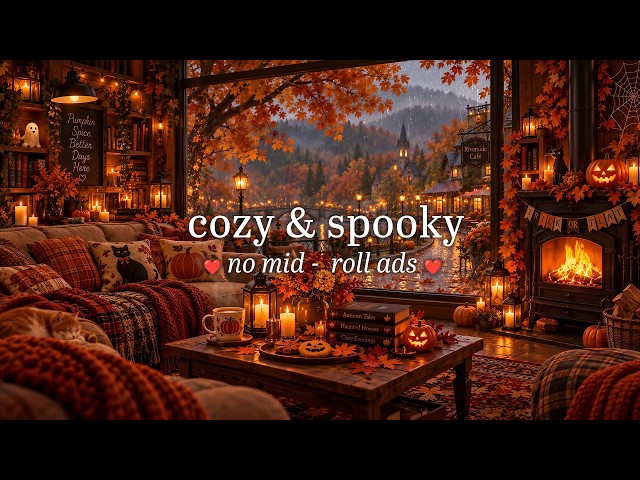 (NO MID-ROLL ADS) Cozy Rainy & Spooky Halloween 🍂 Fall Jazz, Pumpkin-Kissed Streets & Fireplace Glow