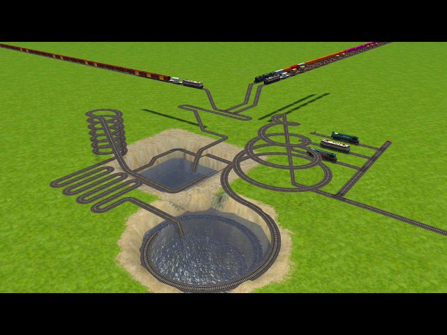 3 Trains Crossing At Spring Square Chasm Railroad Tracks Zig Zag Risky track || train games