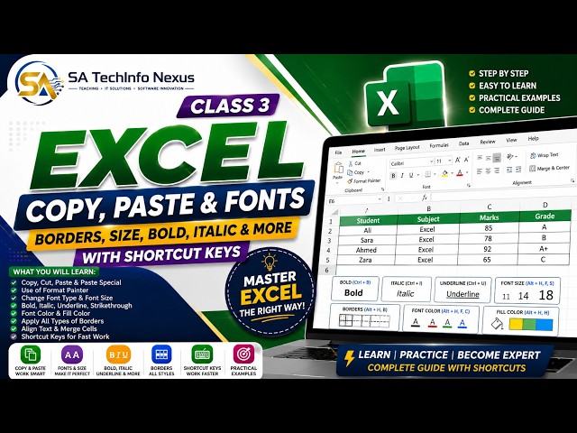 Excel Class 3 | Copy Paste, Fonts, Borders & Formatting | Excel Shortcuts for Beginners