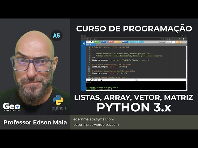 Curso de Programação Aula 05 Programando em Python 3 Listas, Array, Vetor e Matriz