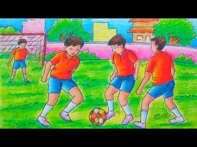 How to draw football game drawing/ football memory drawing/ children playing football drawing