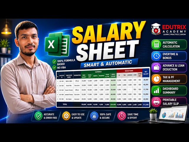 Excel Salary Sheet with Automatic Formula, Gross Salary, Net Salary, PF, Tax, and OT Calculation
