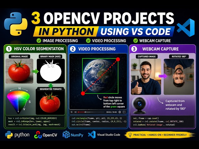 Python OpenCV Projects in VS Code: HSV Color Segmentation, Video Tracking & Webcam Image Rotation