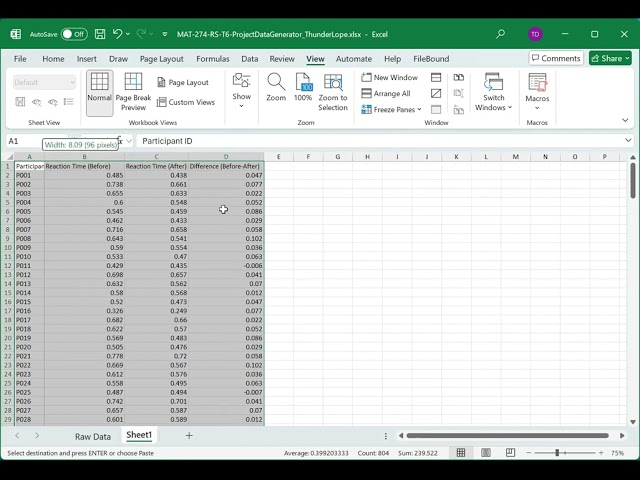MAT 274 Project B Excel Data Copy and Summary