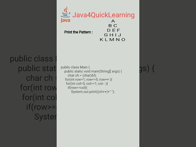 Triangle Alphabet Pattern Question in java || Interview Questions #Java4QuickLearning