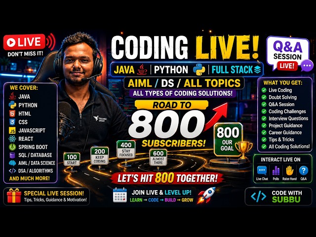 🔥 Coding LIVE | Java, Python, Full Stack, AI/ML & DSA | Road to 800 Subscribers 🚀 #live #livestream
