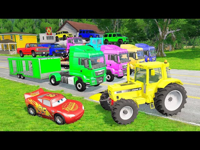 TRANSPORTING PIXAR CARS & FRUITS WITH COLORED & JOHN DEERE vs CLAAS vs TRACTORS - BeamNG.drive #962
