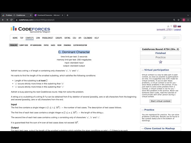 1605C Dominant Character||Codeforces Round #754 (Div. 2)||String||Brute force