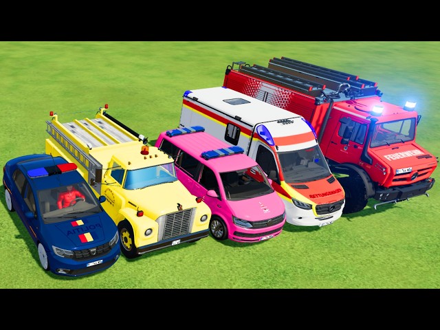 TRANSPORTING POLICE CARS, AMBULANCE, FIRE TRUCK, COLORFUL CARS WITH TRAIN -FARMING SIMULATOR 22!