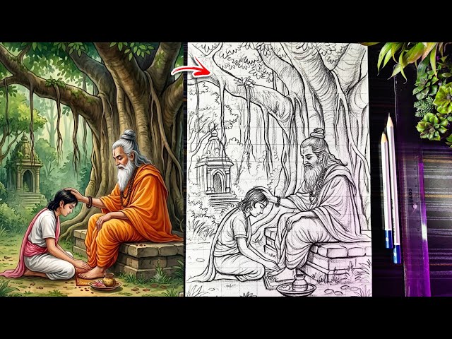 Guru Purnima Special Drawing, How To Draw Guru Purnima, Step By Step Outline Tutorial