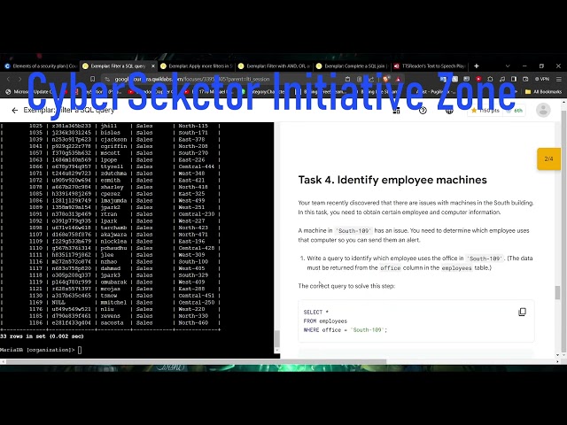 Google Cybersec Linux Lab Project; Filter a SQL Query
