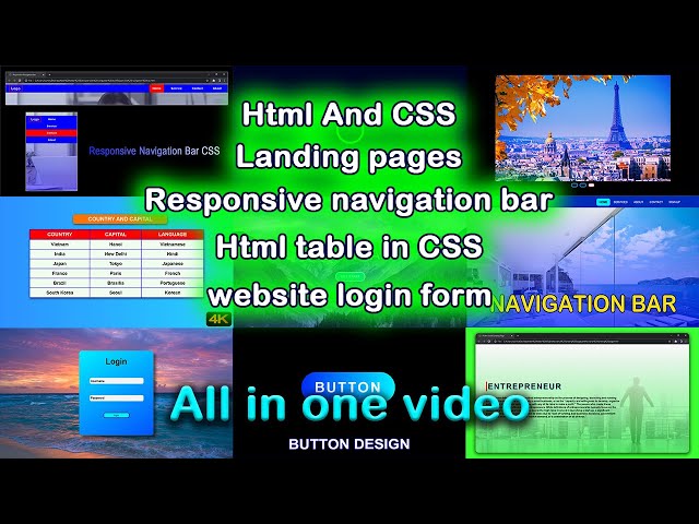 Title, Responsive navigation bar, Professional landing page, Table on HTML, login form,button,slider