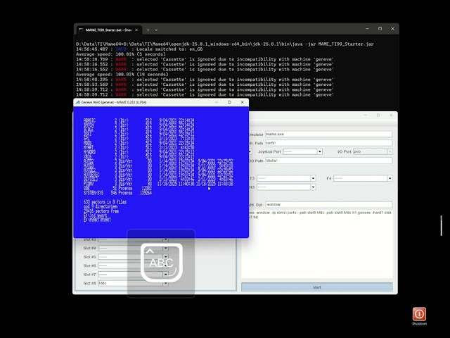 Front-end: MAME TI99 Starter (Windows, Java Based) for MAME Emulator