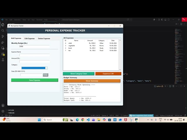 Personal Finance Manager Project | Python Tkinter SQLite | B.Tech Mini Project