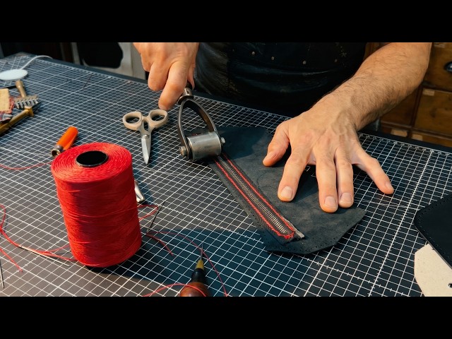 Making a Waist Pack from Black Leather and Red threads | Handmade with Precision