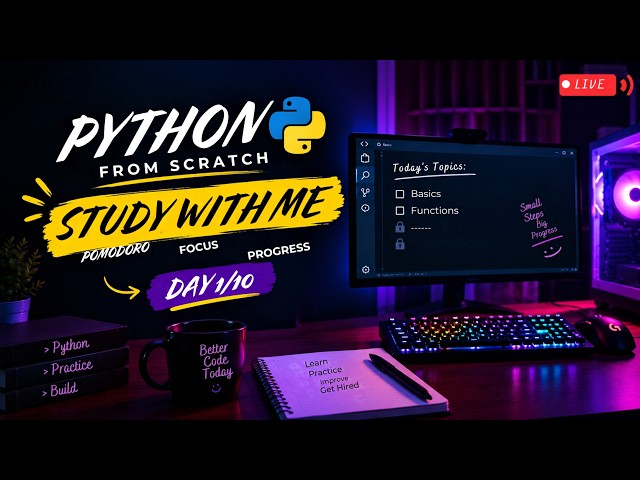 Study With Me LIVE | Python Day 1/10 | Pomodoro | 2 Hours | Python from Scratch