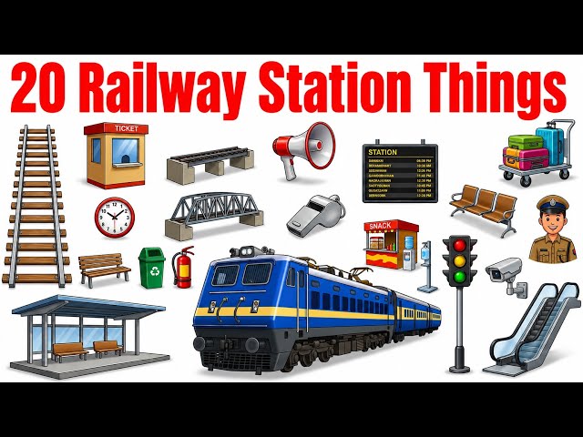 🚉 20 Railway Station Objects Name | Learn Railway Station Things in English & Hindi | Kids Learning