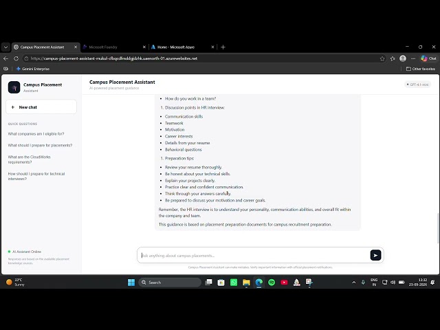 🎓 Campus Placement Assistant | AI + RAG + Microsoft Foundry | GPT-4.1-mini + Azure AI Search