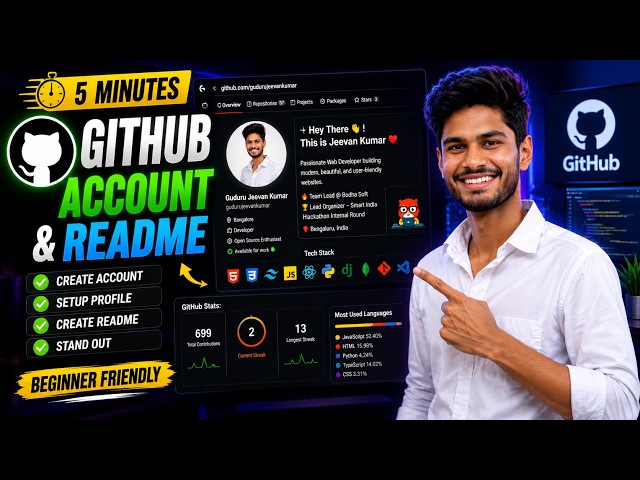How to Create a GitHub Account & Profile README | Complete Beginner Tutorial in Telugu 🚀