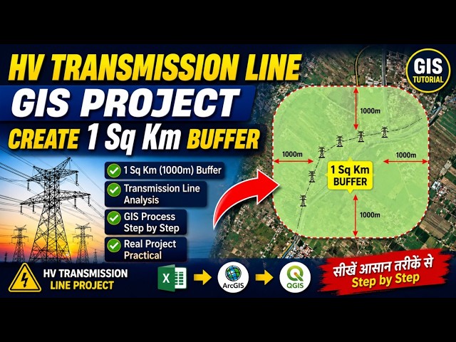 How to Create a 1 Sq Km Buffer in HV Transmission Line GIS Projects | Hindi Tutorial | Real Project