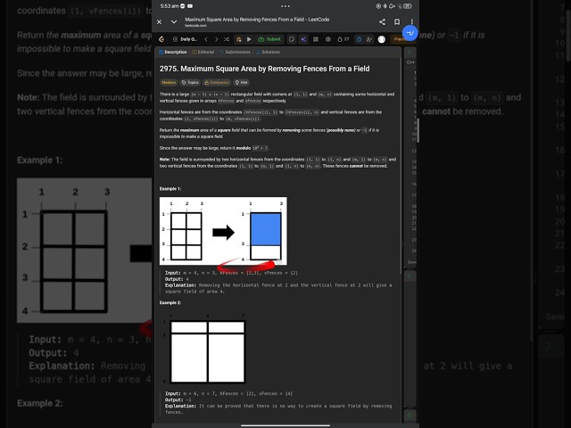 LeetCode 2975 | Maximize Square Area by Removing Fences | Sorting + Hashing | leetcodeDailyChallenge